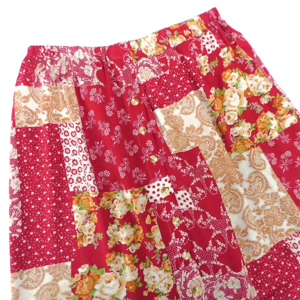 Vintage Red Skirt Midi Lone Mixed Patchwork Floral Lace Button Front A-Line